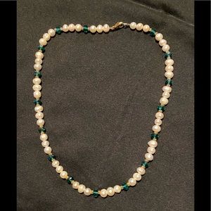 Freshwater pearl and green crystal necklace